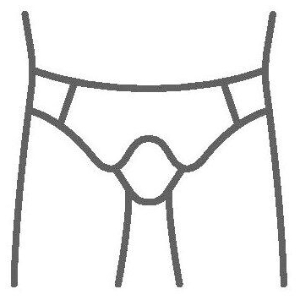 Line drawing of a human groin area with hernia supports being worn