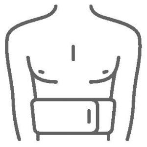 A line drawing of an abdominal wall support being worn above the waist. Abdominal supports improve the outcome of hernia surgery.
