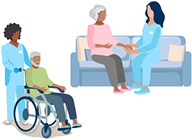 This stylised graphical image shows one carer moving a senior gentleman in a wheelchair and another carer comforting another senior while sat on a couch.