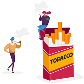 This stylised image shows a large packet of cigarettes with two people smoking. Smoking can cause hernias to recur.