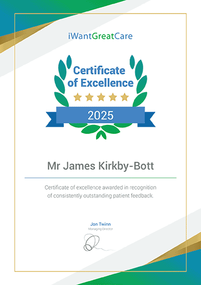 This image is of the 'iWantGreatCare' Certificate of Excellence, awarded to our Consultant Surgeon, Mr James Kirky-Bott. The year shown is 2025.